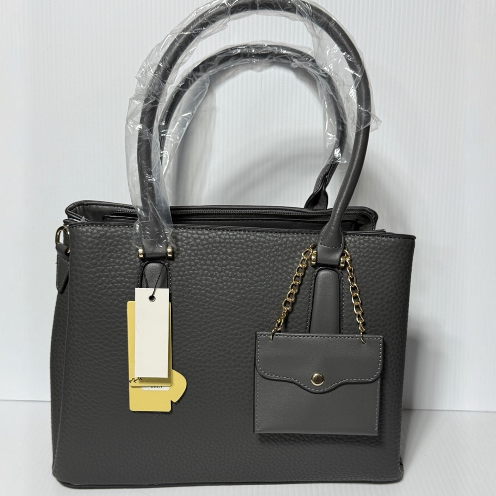 NWT Spacious Gray Leather Handbag with Shoulder Strap and Coin Pouch Charm